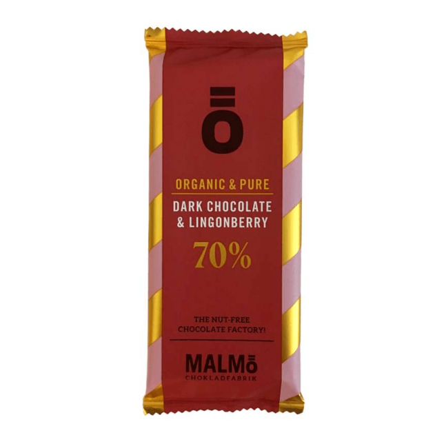 Malmö Ö Lingonberry Dark Choco 70% ØKO 55 gr. - MHT 30-12-2022