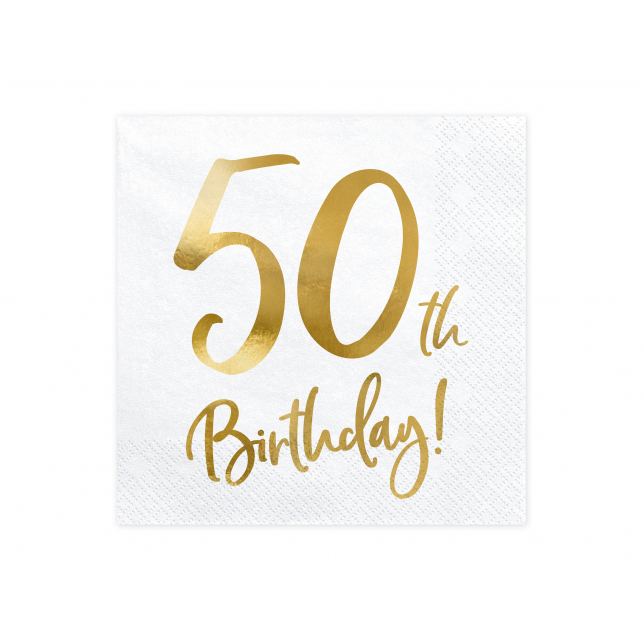 Hvide & Guld "50th Birthday!" Servietter 20 stk.