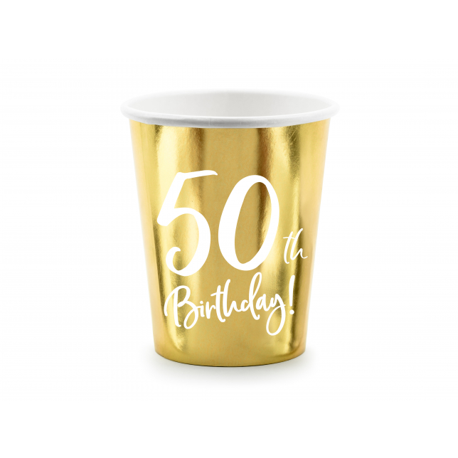 Guld & Hvid “50th Birthday” Papirkopper 6 stk.