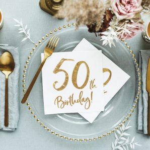Hvide & Guld "50th Birthday!" Servietter 20 stk.