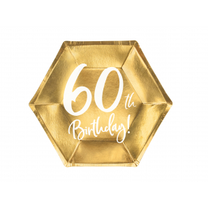 Guld & Hvid "60th Birthday!" Papirtallerkener 6 stk.