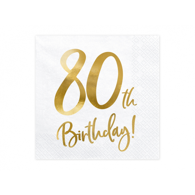 Hvid & Guld "80th Birthday" Servietter 20 stk.