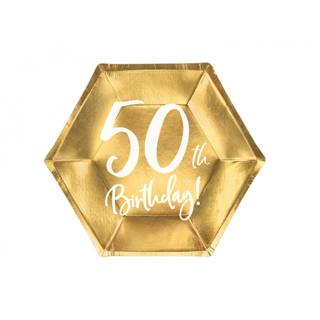 Guld & Hvid "50th Birthday!" Papirtallerkener 6 stk.