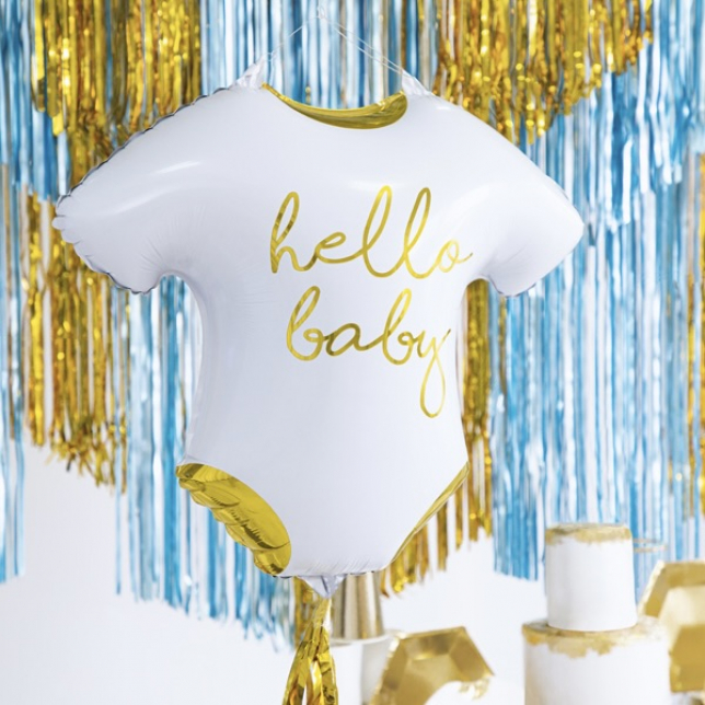 Hvid & Guld Babyromper “Hello Baby” Folieballon 51x45 cm. 1 stk.