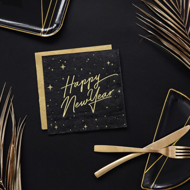 Sort & Guld "Happy New Year" Servietter 20 stk.